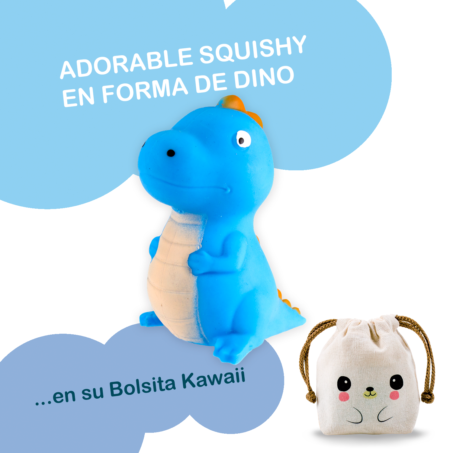 Squishy Dinosaurios Felices - AZUL + Bolsita Kawaii
