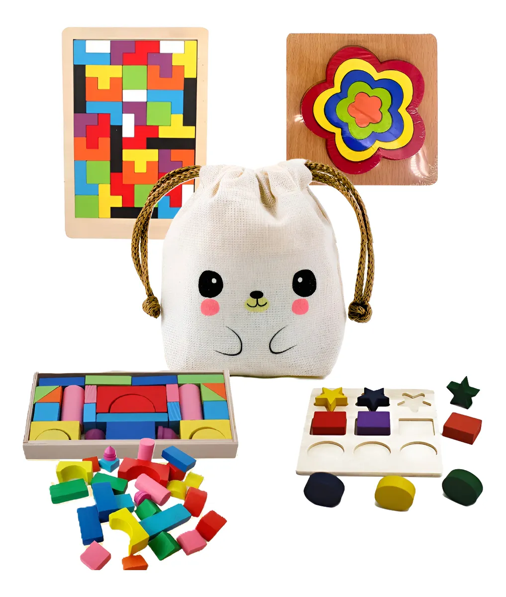 Kit Juegos Encastre Educativos Madera + Bolsita Kawaii