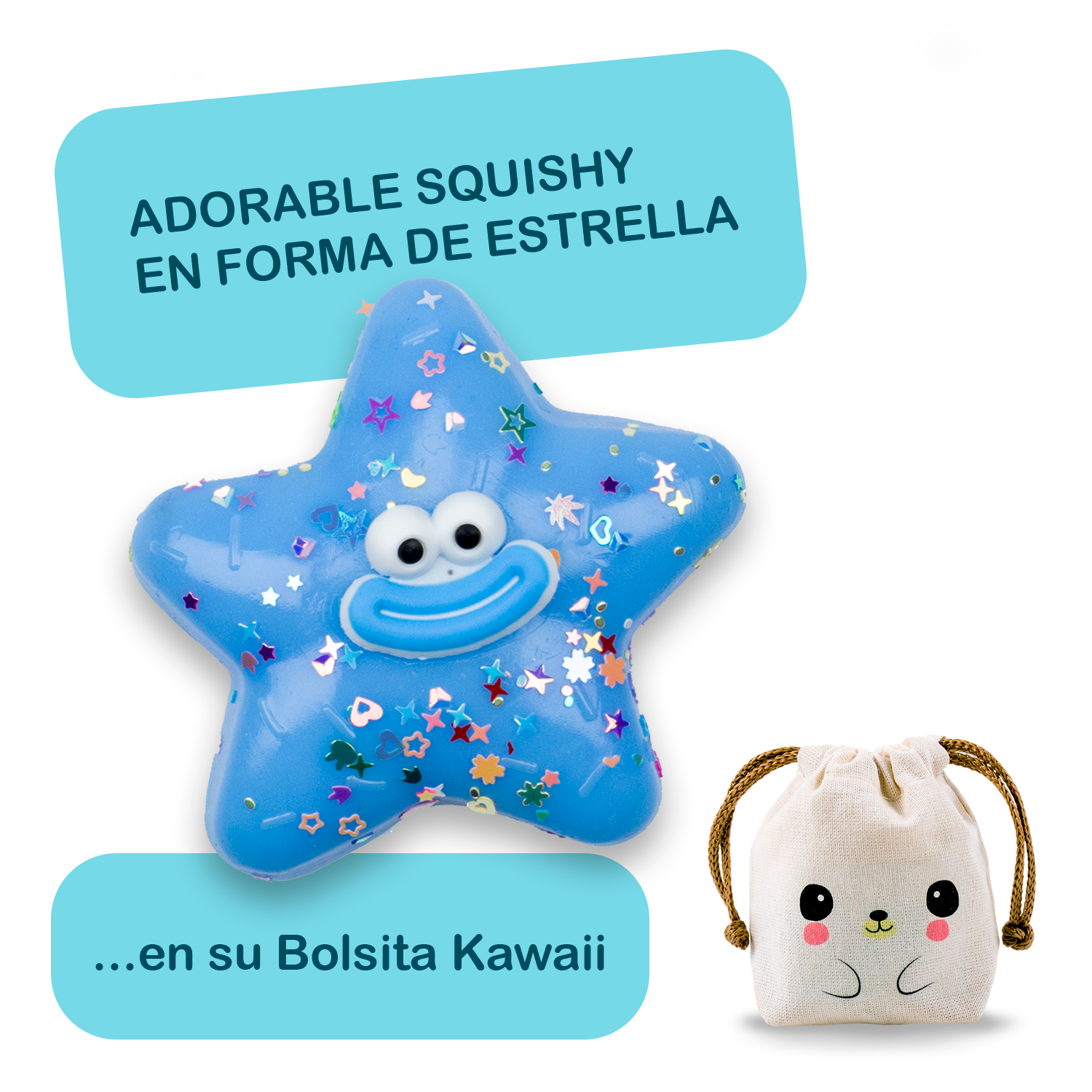 Squishy Estrella Sonriente - CELESTE + Bolsita Kawaii