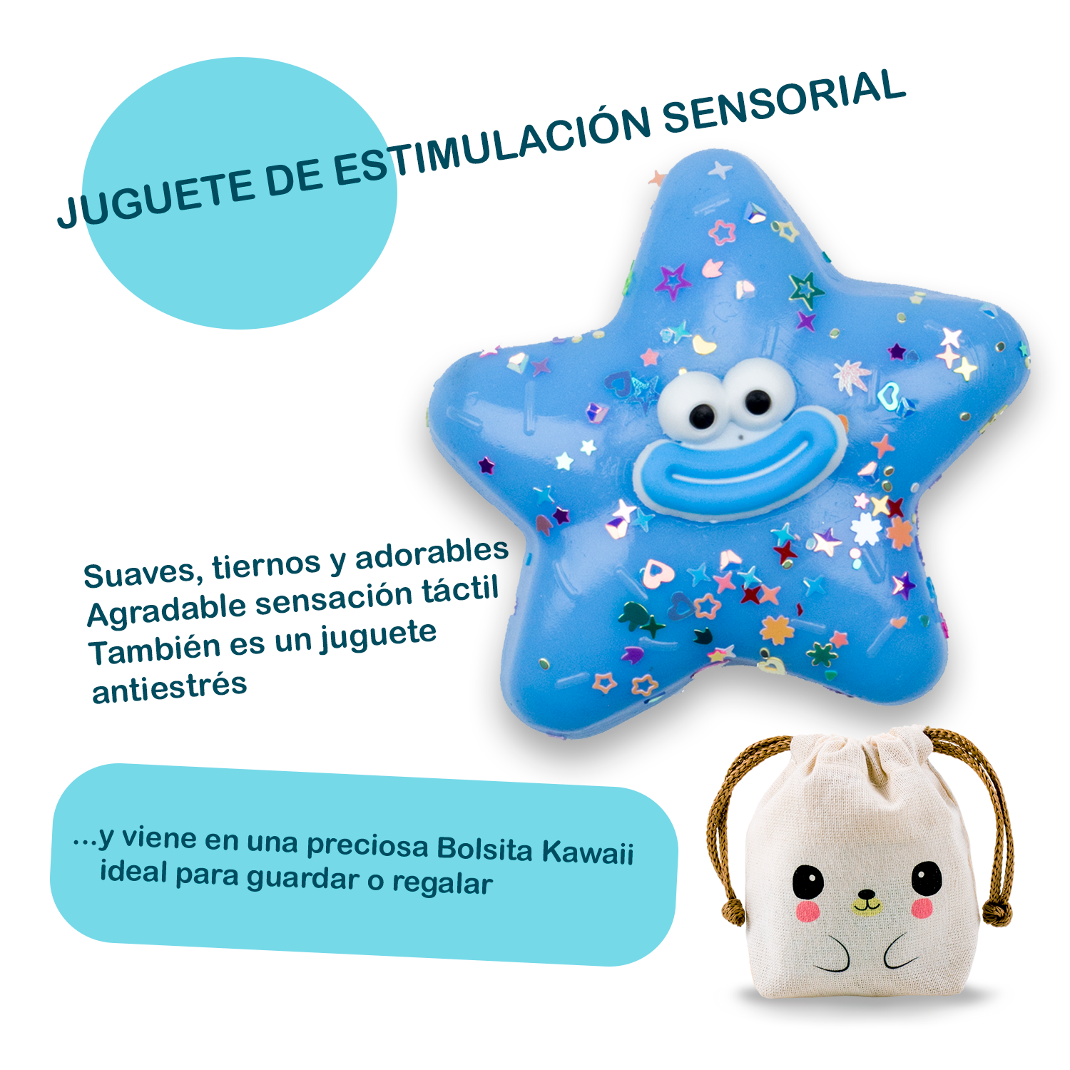Squishy Estrella Sonriente - CELESTE + Bolsita Kawaii - Image 2