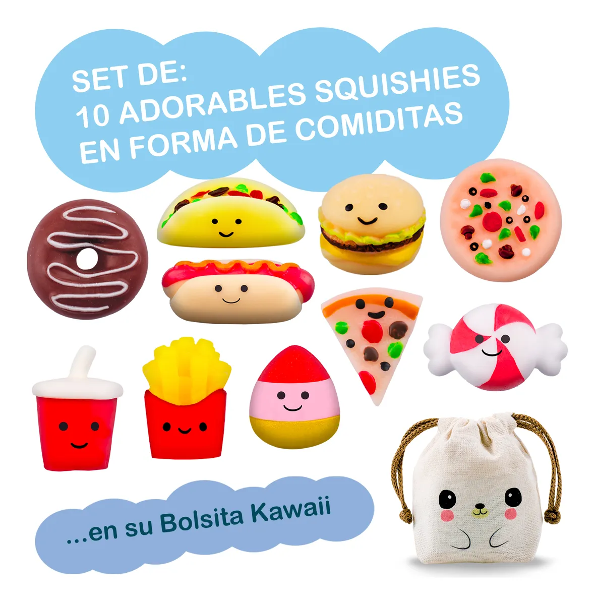 Squishy Mochi DADA TOYS PREMIUM con Bolsita Kawaii – 10 COMIDITAS - Image 4