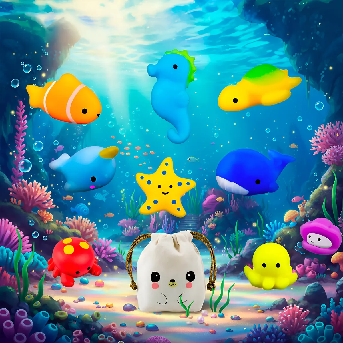 Squishy Mochi DADA TOYS PREMIUM con Bolsita Kawaii - 9 BICHITOS DE MAR